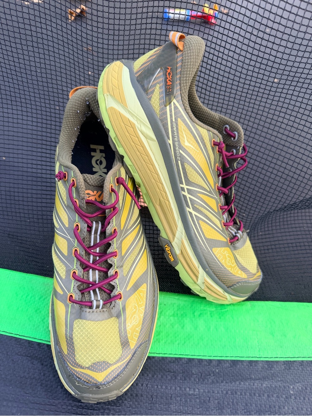 Hoka One One Olive Green Yellow Trail Running Shoes with Burgundy Laces - Picture 2 of 7